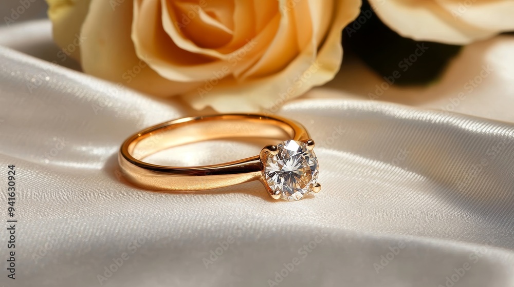 A classic solitaire diamond engagement ring sits on a bed of soft white satin and delicate roses, symbolizing love, commitment, and the beauty of new beginnings. A classic solitaire diamond engagement ring sits on a bed of soft white satin and delicate roses, symbolizing love, commitment, and the beauty of new beginnings.