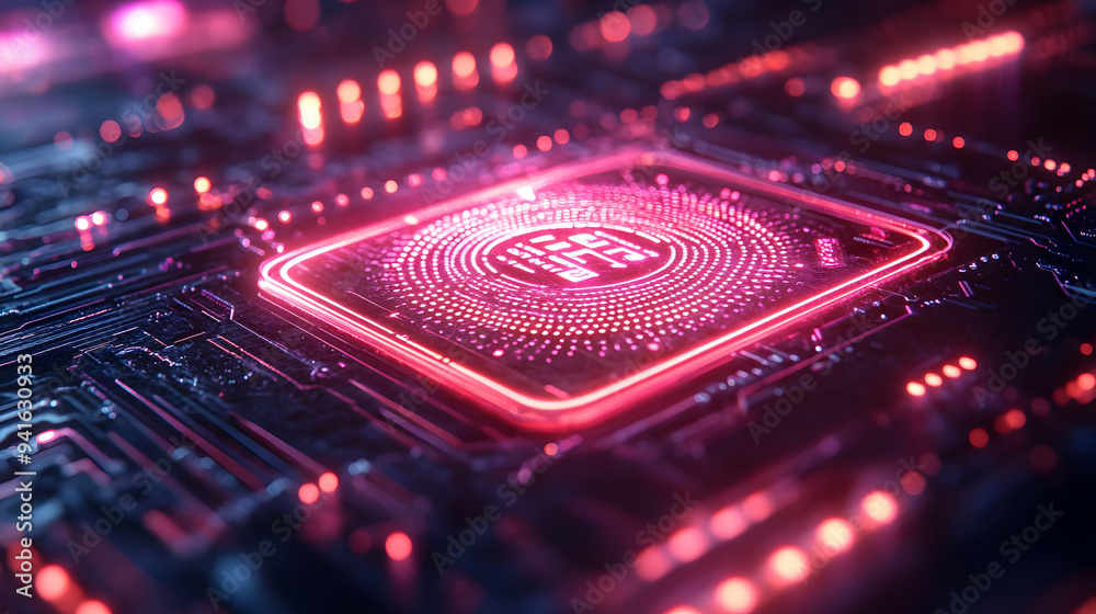 Futuristic Circuit Board with Glowing Neon Lights 3D Illustration
