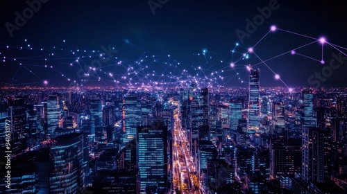 A vibrant cityscape illuminated by digital connections at night.