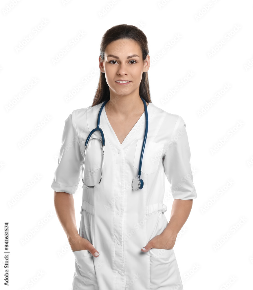 Portrait of smiling nurse with stethoscope on white background Portrait of smiling nurse with stethoscope on white background
