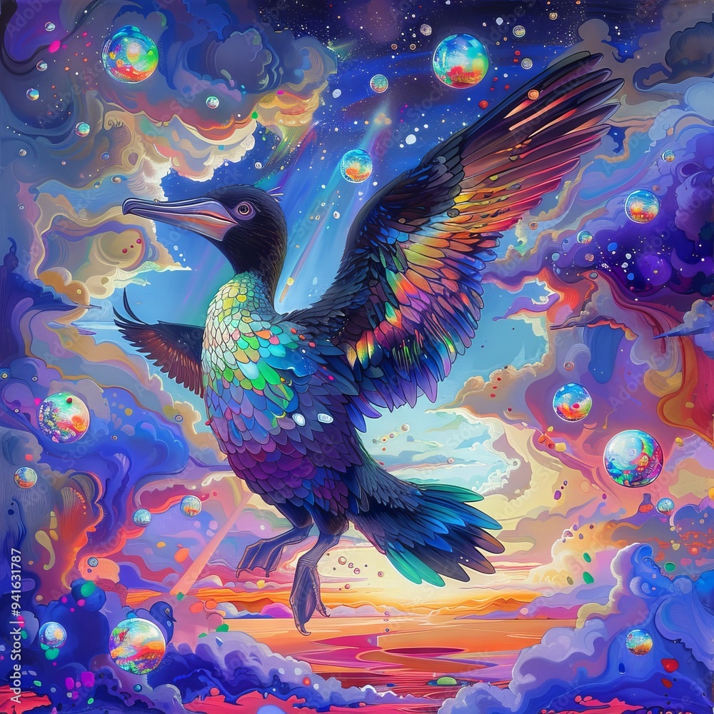 Obraz premium The image is a surreal and colorful depiction of a bird with outstretched wings, set against a backdrop of swirling clouds and stars.