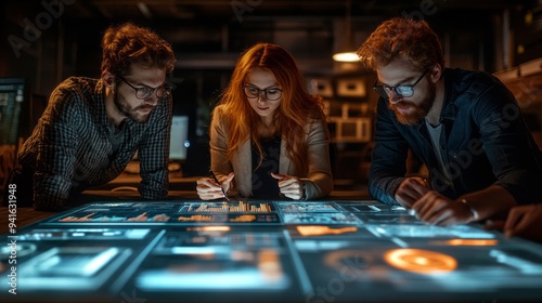 Three people are looking at a computer screen with a lot of numbers and graphs photo