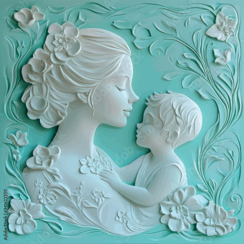 3D bas-relief of a mother and child close-up in mint tones.Vector. A resource for advertising reproductive medicine centers, perinatal departments, a sketch, a template for creativity, creative interi