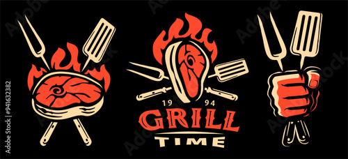 Barbecue and grill food labels, emblems and badges. Meat bbq restaurant logos set, vector illustration