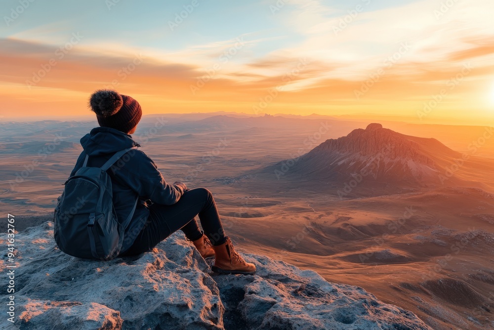 A person sits on a mountain summit at sunrise, overlooking a vast and expansive landscape below, with warm light casting across the rocky terrain and creating a peaceful ambiance.