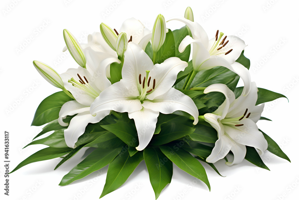 Fototapeta premium Pure White Lilies in Bloom with Verdant Green Leaves, A Symbol of Elegance and Serenity