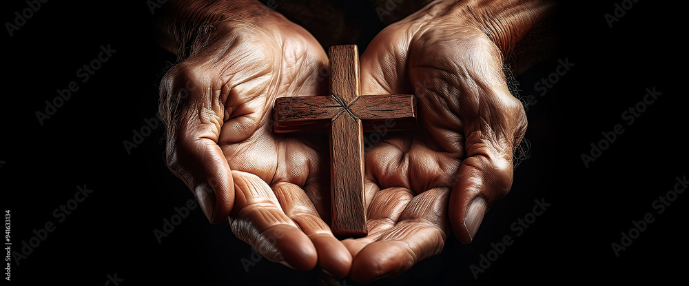 Extreme closeup of the wrinkled hands of old man holding a small wooden religious cross on a dark background, religious symbol of Christianity or prayer. Generative Ai. Extreme closeup of the wrinkled hands of old man holding a small wooden religious cross on a dark background, religious symbol of Christianity or prayer. Generative Ai.