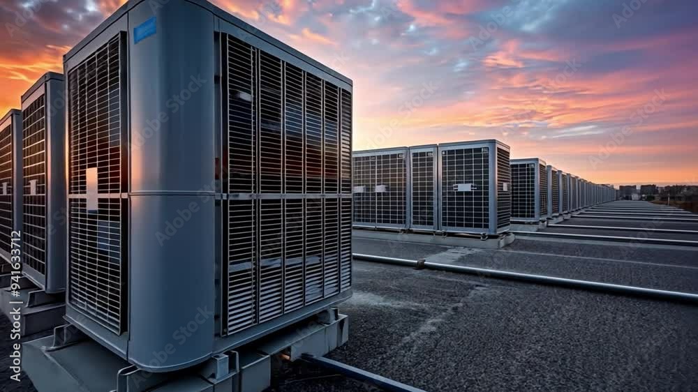 On the roof of an industrial building is an external unit for a commercial air conditioning and ventilation system.