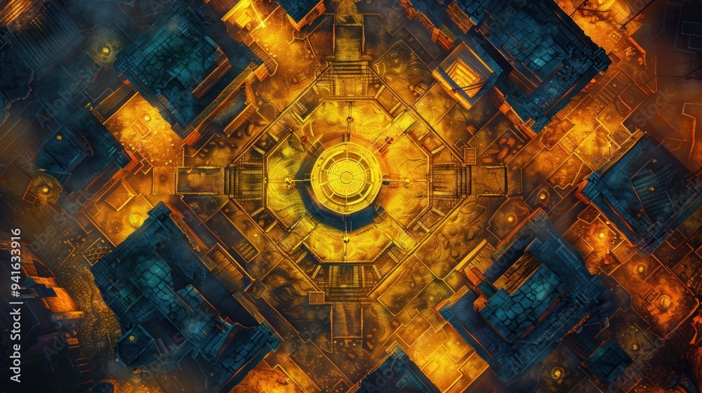 Fototapeta premium Abstract aerial view of a city with glowing lights.