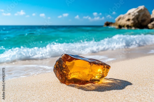 A piece of amber on a sandy beach, partially covered by the shifting sands, with the ocean waves gently lapping nearby photo