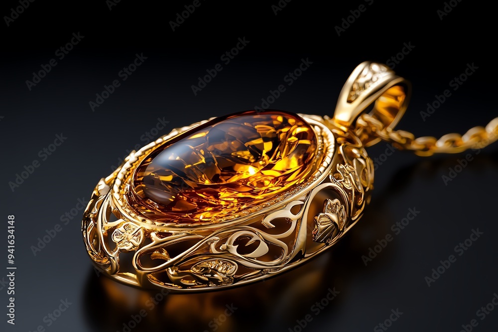 A piece of amber set in an ornate, gold pendant, reflecting the light and casting a warm, golden glow around it