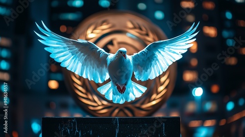 Dove of peace against the background of the UN logo. United Nations Day. White dove with a laurel leaf. photo