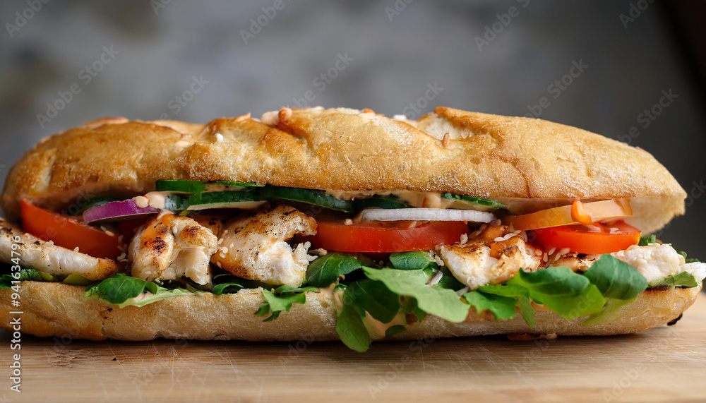 Delicious grilled chicken baguette with crisp greens and veggies. Tasty food for dinner Home cooking Delicious grilled chicken baguette with crisp greens and veggies. Tasty food for dinner Home cooking