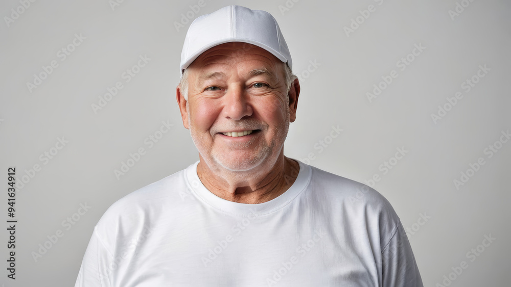 Plus size senior man wearing white t-shirt and white baseball cap isolated on grey background Plus size senior man wearing white t-shirt and white baseball cap isolated on grey background