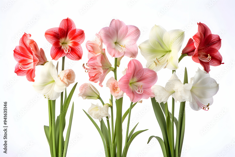 Elegant Array of Amaryllis Blooms in Red, Pink, and White Elegant Array of Amaryllis Blooms in Red, Pink, and White