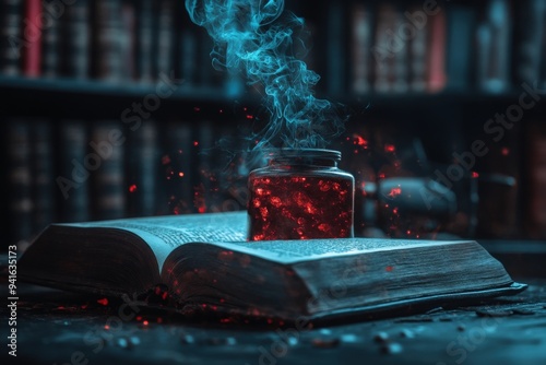 An ancient book lies open with a jar emitting ethereal glowing particles and smoke, creating an aura of mysticism, knowledge, and magic in a dimly lit library. photo