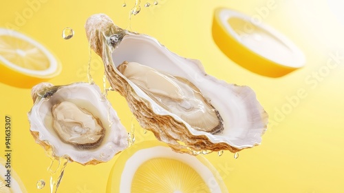 Cold oysters, dripping lemon juice, crisp and fresh, 3D illustration photo