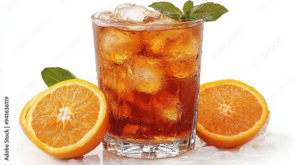 A refreshing drink with ice, garnished with mint and oranges.