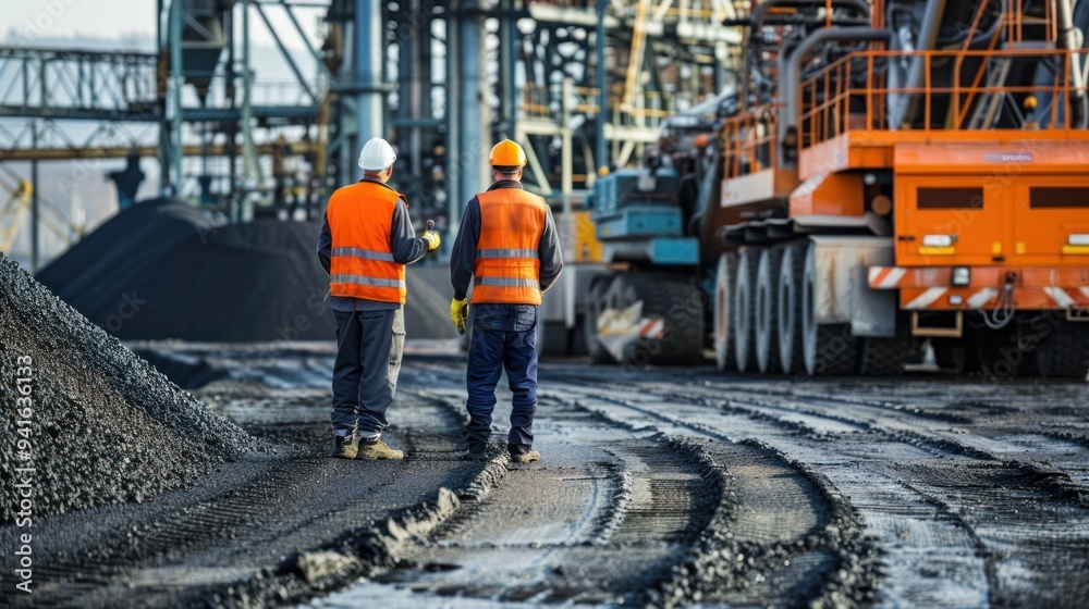 Workers monitoring an asphalt mixing plant during asphalt production Workers monitoring an asphalt mixing plant during asphalt production