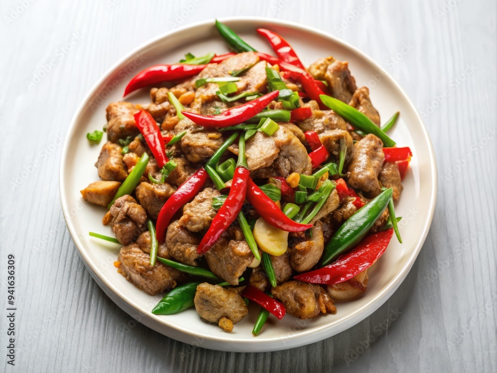Soft, warm natural light illuminates a perfectly arranged plate of pork stir-fry with crispy garlic and fresh chilies, on a minimalist white background. Soft, warm natural light illuminates a perfectly arranged plate of pork stir-fry with crispy garlic and fresh chilies, on a minimalist white background.