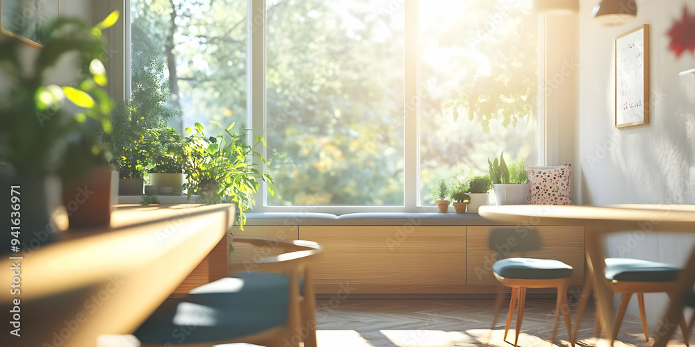 Sunlight Streaming Through Window in Modern Living Room with Plants and Wooden Furniture - 3D Illustration Sunlight Streaming Through Window in Modern Living Room with Plants and Wooden Furniture - 3D Illustration