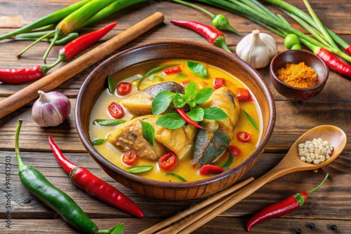 vibrant gaeng som pla chon sour curry snakehead fish steaming bowl lemongrass galangal chilies authentic thai street food warm evening lighting wooden spoon photo