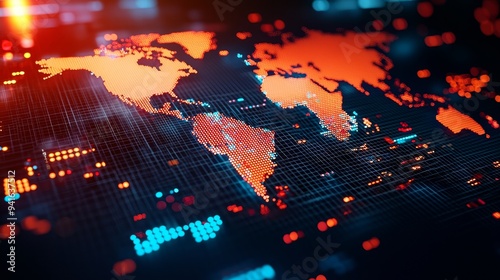 Abstract economic policy influence, shifting global trade routes, digital world map, 3D illustration, copy space for text