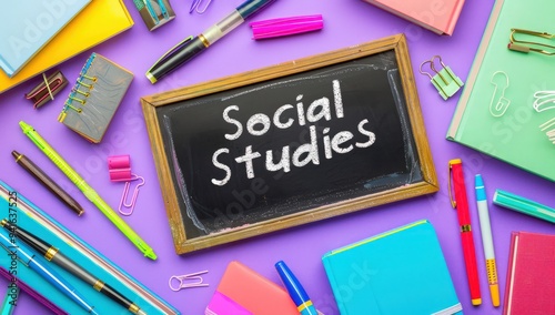 A blackboard with "Social Studies" written in chalk, surrounded by vibrant stationery, pens, and books. Flat lay photography, lavender background,