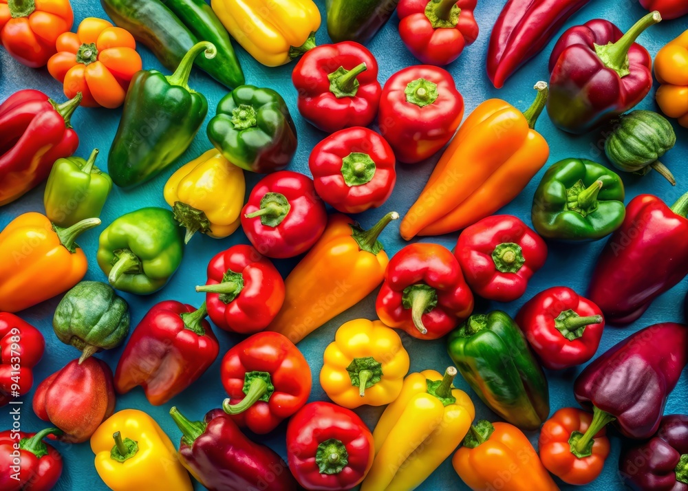 Peppered Perfection - Direct overhead view of vibrant peppers, bold color palette, high contrast, geometric composition, sharp focus, modern minimalist style. Peppered Perfection - Direct overhead view of vibrant peppers, bold color palette, high contrast, geometric composition, sharp focus, modern minimalist style.