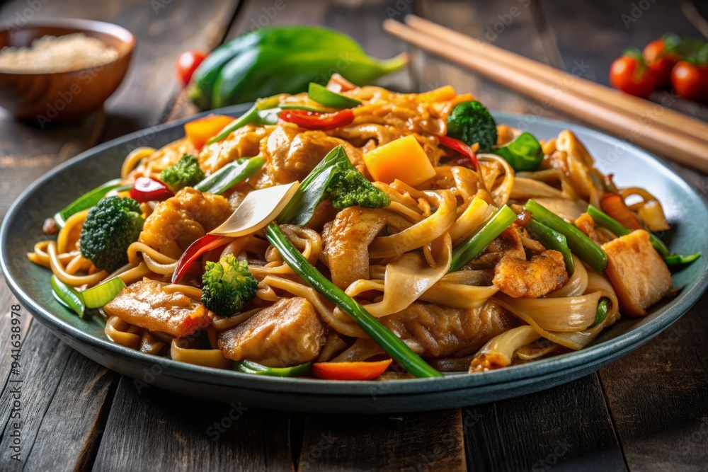 Dramatic, low-angle shot portrays Pad See Ew Gai as mouthwatering hero, starring crispy noodles, tender chicken, and vibrant vegetables, set against moody, gradient background. Dramatic, low-angle shot portrays Pad See Ew Gai as mouthwatering hero, starring crispy noodles, tender chicken, and vibrant vegetables, set against moody, gradient background.