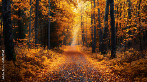 A path through a forest with trees in vibrant autumn colors, golden leaves carpeting the ground, and soft, warm light filtering through the branches, creating a tranquil scene.