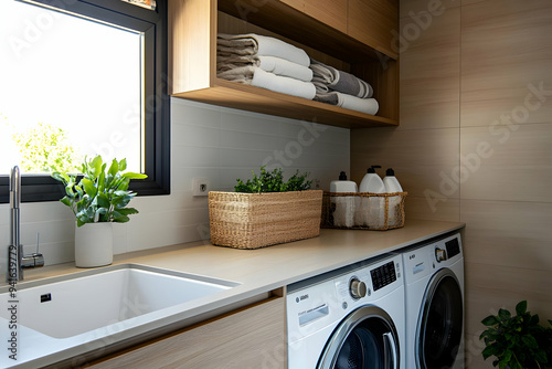 Modern Laundry Room Interior Design with White Cabinets and Washing Machine