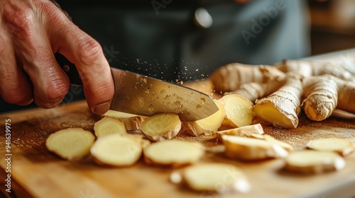 Person cutting ginger roots into slices on a wooden cutting board