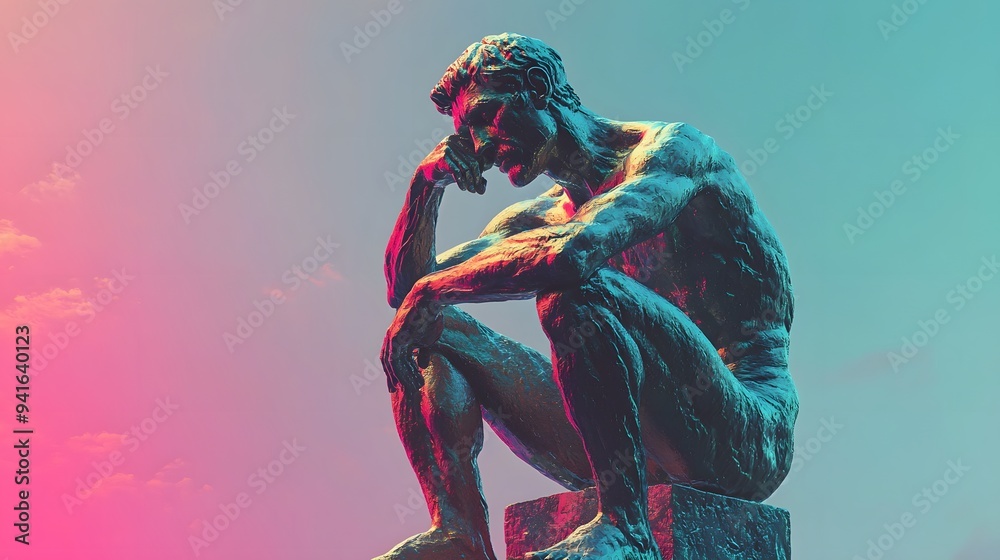 Fototapeta premium A contemplative male sculpture in vibrant colors, evoking deep thoughts.