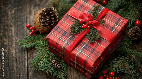Red plaid gift box with Christmas decorations, pine branches, and pinecones on a wooden background. AI generated image