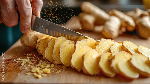 Person cutting ginger roots into slices on a wooden cutting board