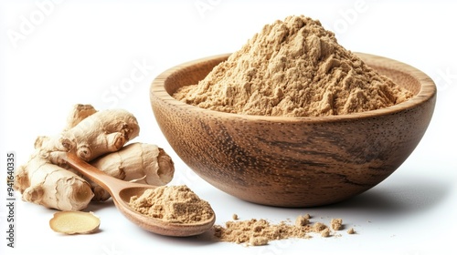 Fresh ginger roots and ginger powder in a wooden bowl with a spoon on a white background 