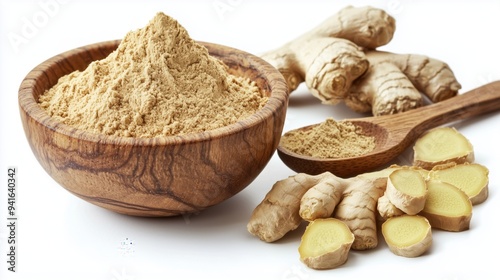 Fresh ginger roots and ginger powder in a wooden bowl with a spoon on a white background 