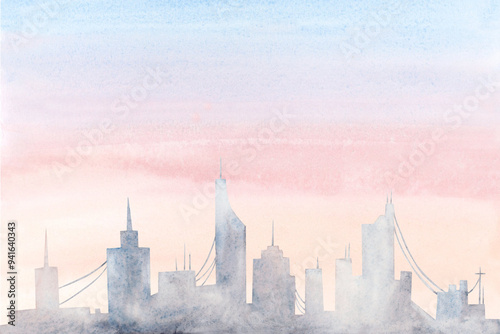 Abstract city silhouette on pastel pink and blue dawn sky watercolor illustration. Simple horizon metropolis of Dubai, New York or Los Angeles. Panoramic cityscape with skyscrapers during sunrise