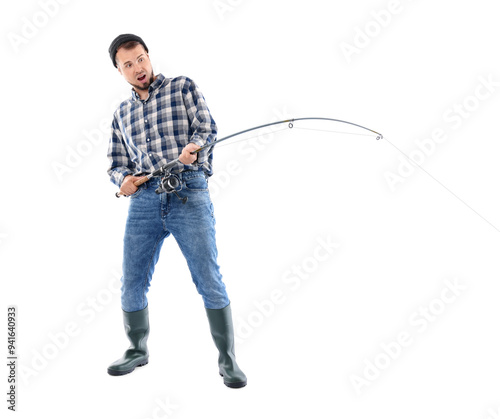 Emotional fisherman with rod fishing on white background