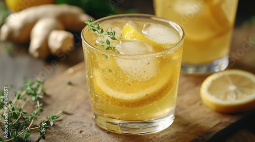 Ginger and lemon juice in a transparent glass with lemon slices and ice cubes dipped