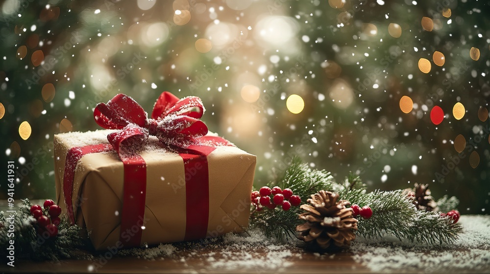 Christmas presents wrapped in brown paper with festive decorations and snow. AI generated image Christmas presents wrapped in brown paper with festive decorations and snow. AI generated image