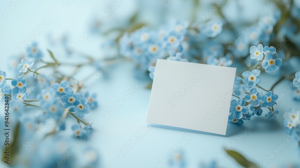 A cute light blue flowers bouquet with a small white square card. A cute light blue flowers bouquet with a small white square card.