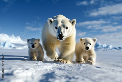 A polar bear mother with her cubs walking across a vast, snow-covered Arctic landscape, with the cold, blue hues emphasizing the harsh environment