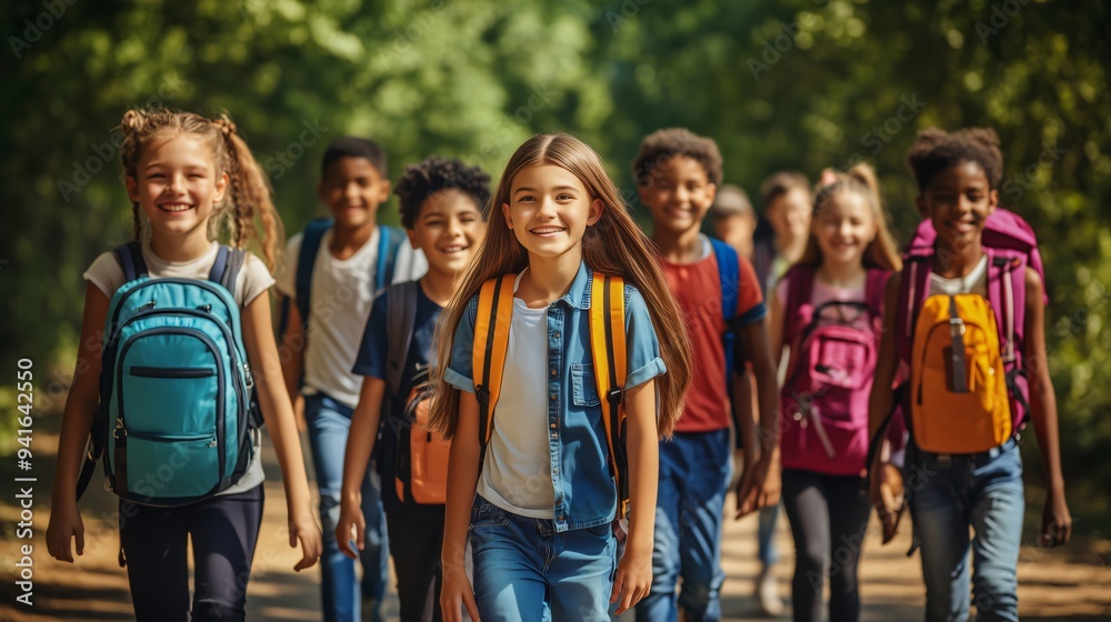 Elementary school students happily stroll along a park path, enjoying each other's company Elementary school students happily stroll along a park path, enjoying each other's company