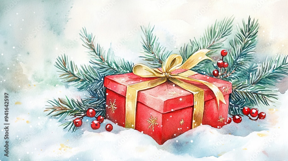 Watercolor Christmas presents in the snow with red gift boxes and gold ribbons. AI generated image Watercolor Christmas presents in the snow with red gift boxes and gold ribbons. AI generated image