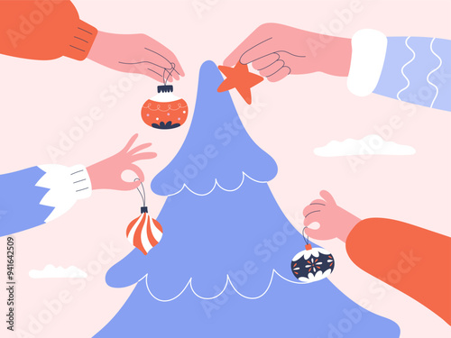 Hands decorating Christmas tree with ornaments. Holiday season illustration.