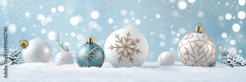 A collection of white and blue Christmas ornaments rest in a bed of fresh snow against a backdrop of a light blue winter sky. The ornaments are adorned with delicate snowflakes and gold accents, symbo photo