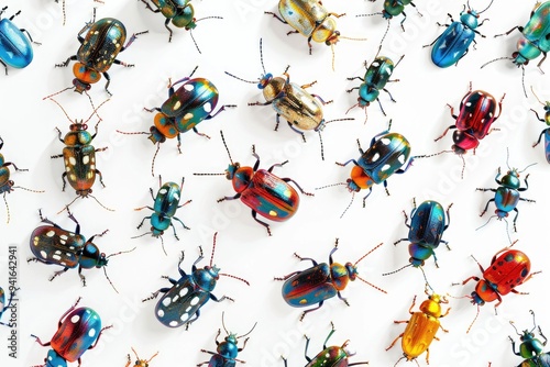 A close-up shot of variously colored beetles gathered on a clean, white surface photo