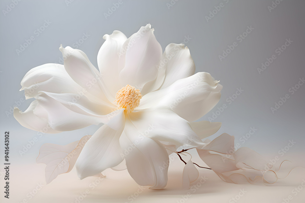 Exquisite White Magnolia Blossom with Soft Petals and Delicate Leaves on a Subtle Grey Background Exquisite White Magnolia Blossom with Soft Petals and Delicate Leaves on a Subtle Grey Background